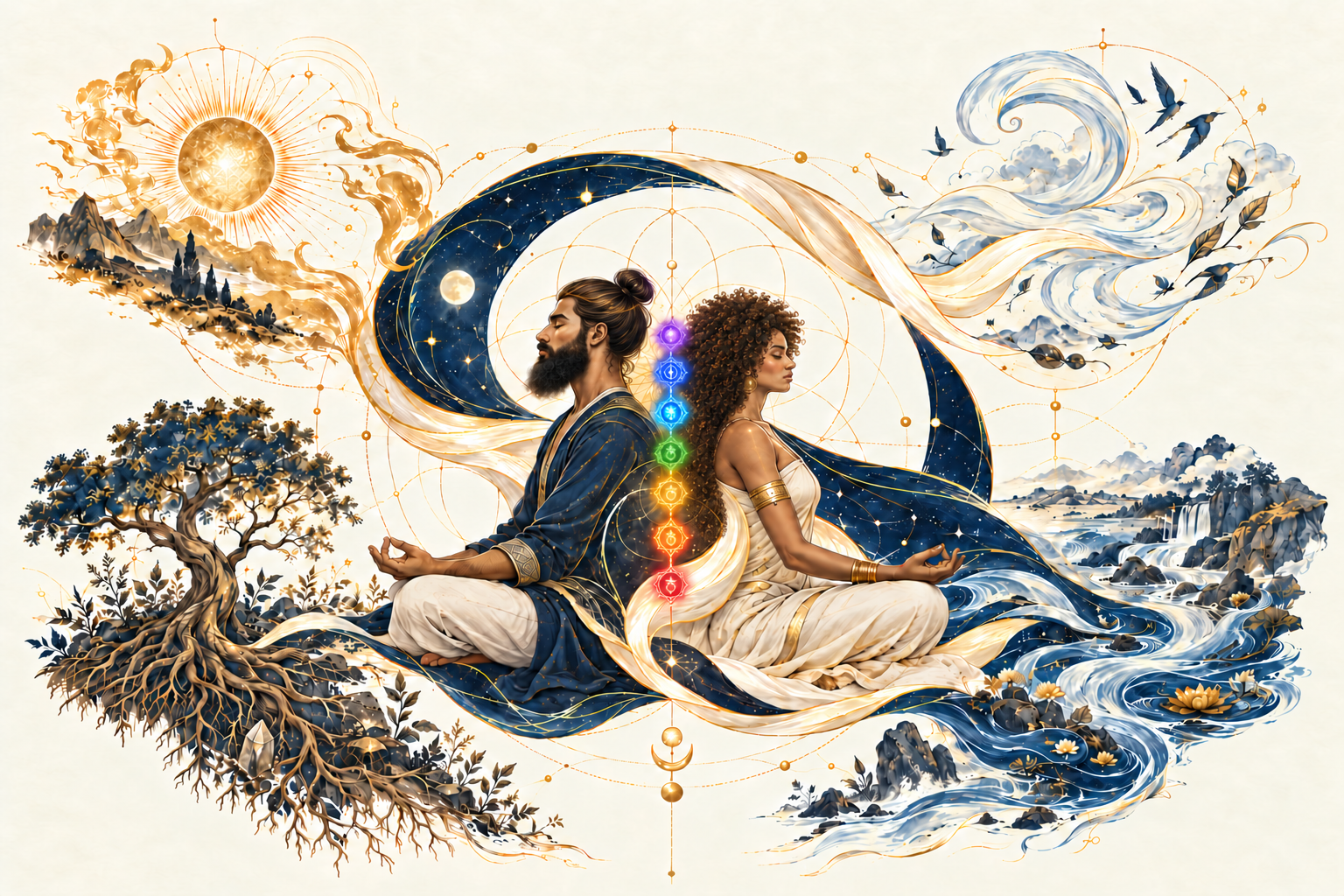 Couple méditant dos à dos, relié par des rubans ivoire et bleu nuit : feu et soleil en haut à gauche, air et oiseaux en haut à droite, terre et arbre en bas à gauche, eau et rivière en bas à droite.